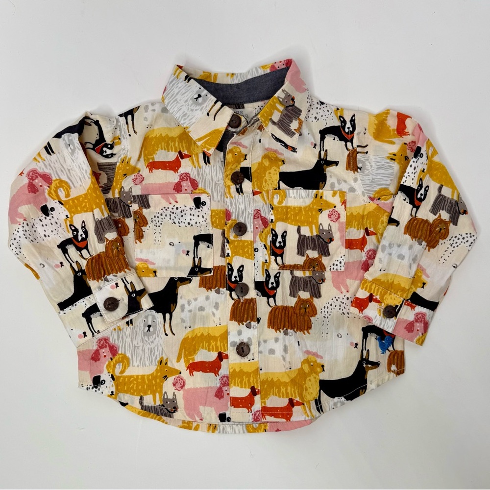 Baby Boys Blue Rooster Dog Print Button Down Long Sleeve Shirt